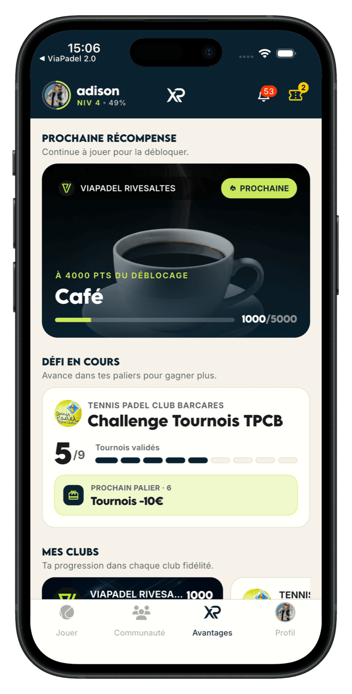 Les recompenses et paliers de fidelite dans l’app XPadel
